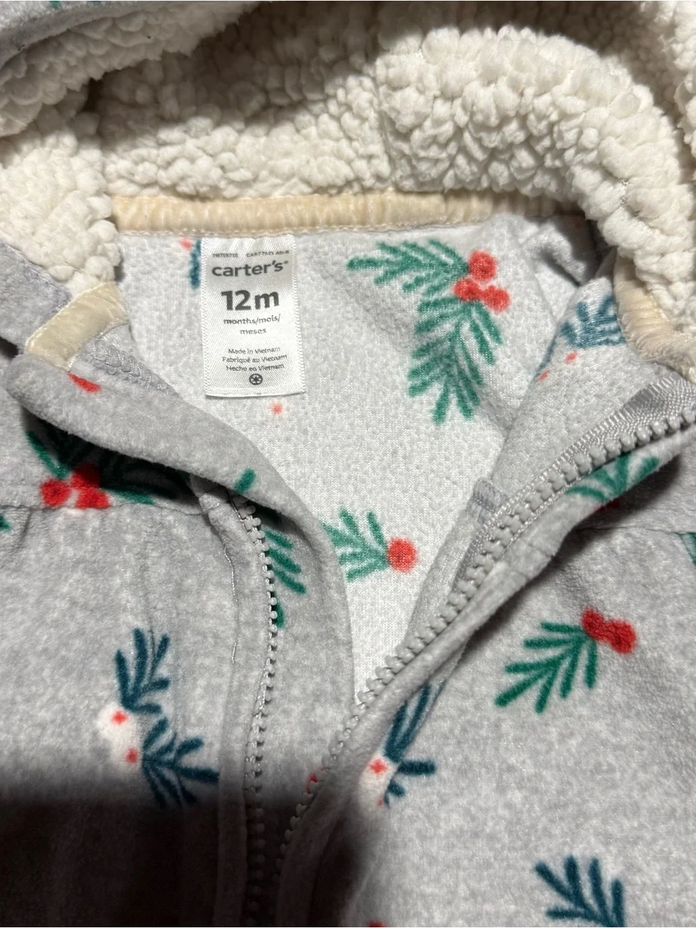 Carter's Grey Hooded One-Piece with Green Leaf and Red Berry Print 12 mo